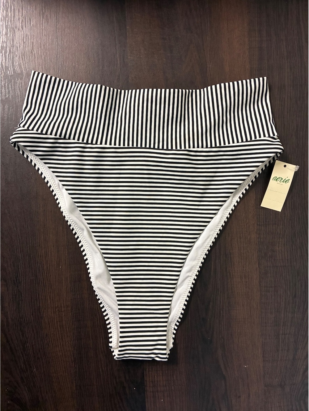 Aerie High Cut Cheeky Bikini Bottom Black White Stripe NWT Nautical Y2K